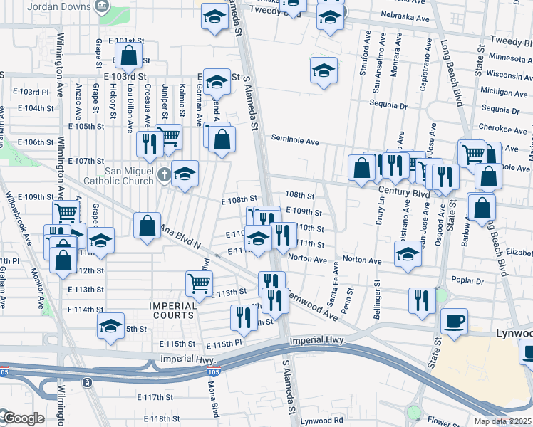 map of restaurants, bars, coffee shops, grocery stores, and more near S Alameda St & E 109th St in Lynwood