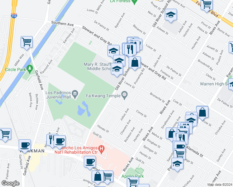 map of restaurants, bars, coffee shops, grocery stores, and more near 12106 Old River School Road in Downey