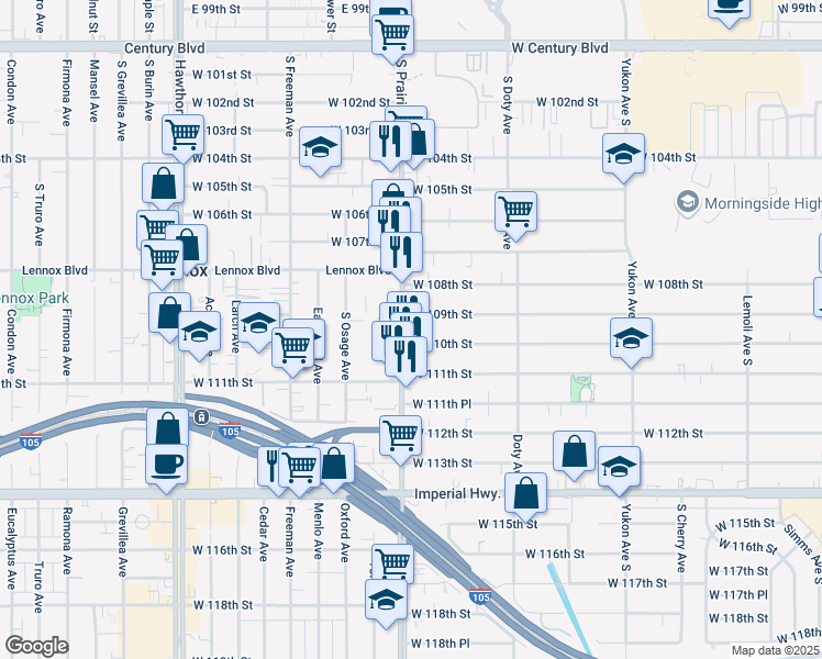 map of restaurants, bars, coffee shops, grocery stores, and more near 1923 West 110th Street in Inglewood