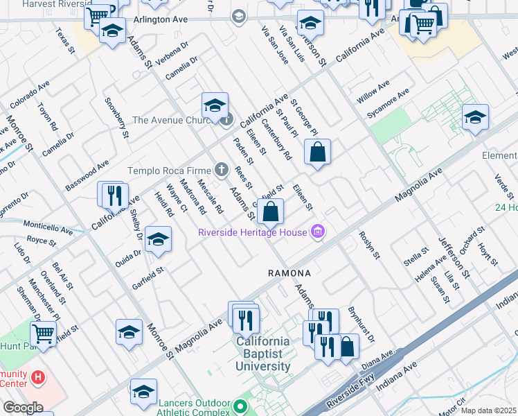 map of restaurants, bars, coffee shops, grocery stores, and more near 8268 Garfield Street in Riverside