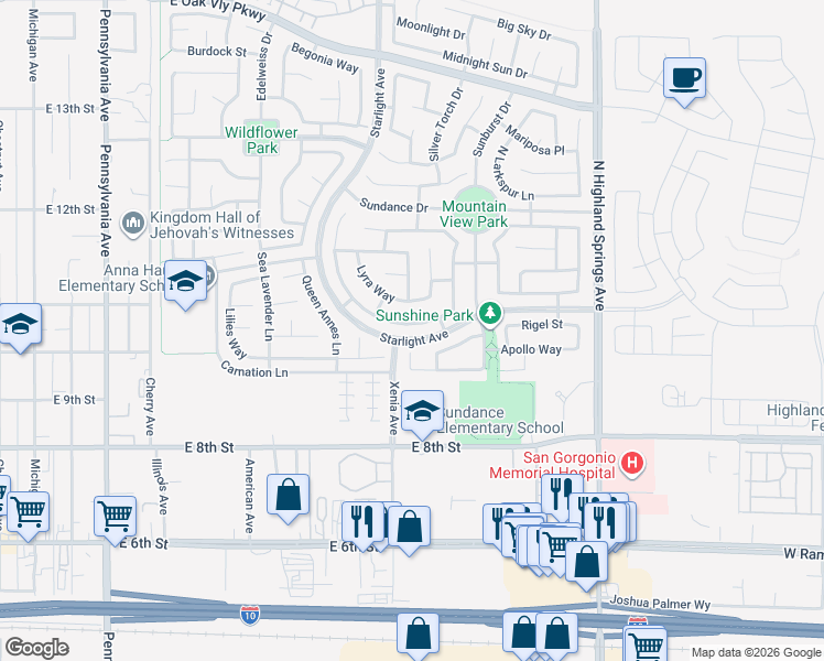 map of restaurants, bars, coffee shops, grocery stores, and more near 1548 Phoenix Drive in Beaumont