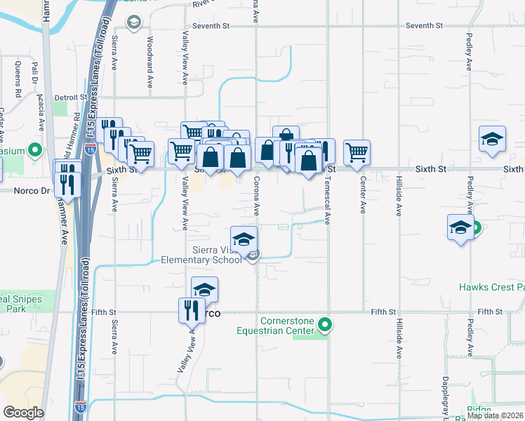 map of restaurants, bars, coffee shops, grocery stores, and more near 3757 Corona Avenue in Norco