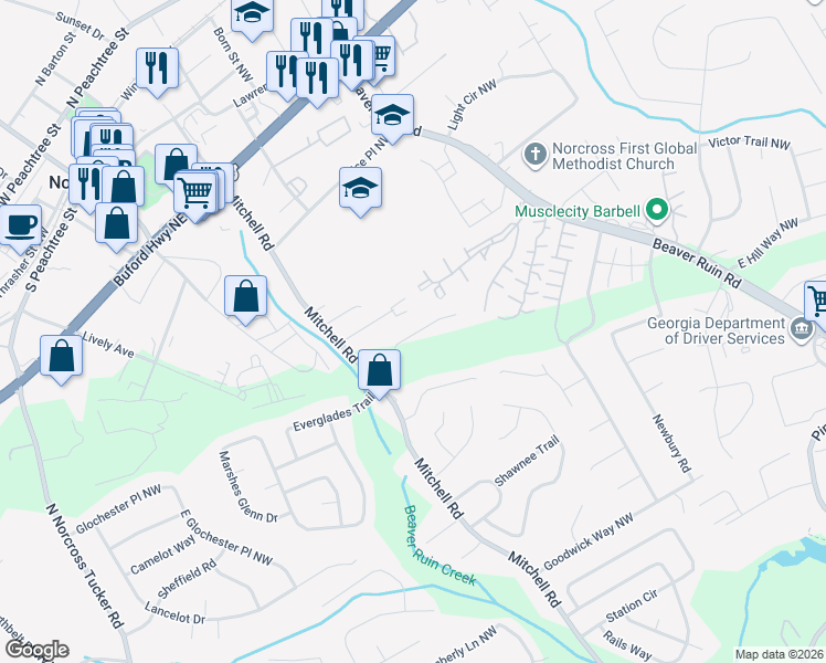 map of restaurants, bars, coffee shops, grocery stores, and more near 5571 Everglades Trail in Norcross