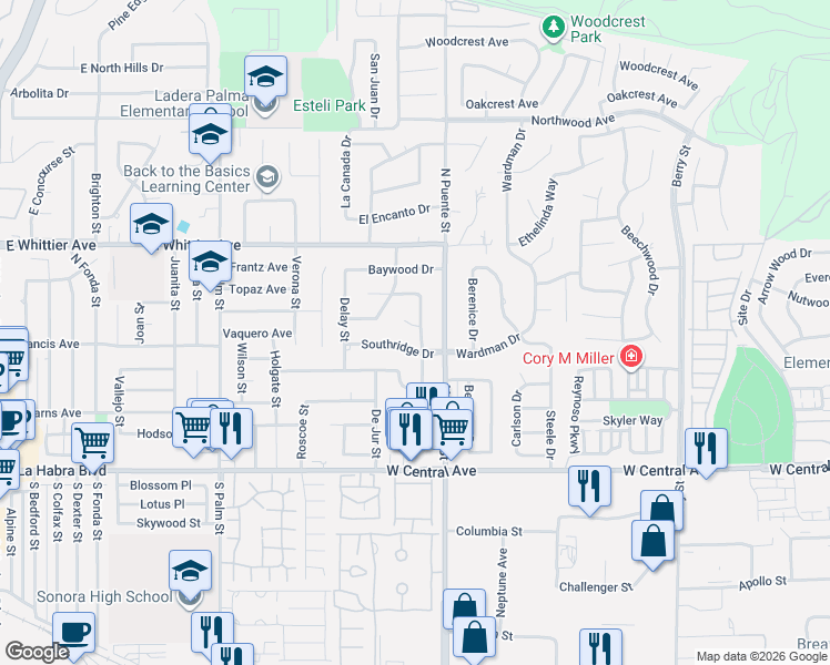 map of restaurants, bars, coffee shops, grocery stores, and more near 1106 Lockhaven Drive in Brea