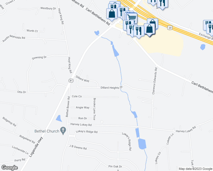 map of restaurants, bars, coffee shops, grocery stores, and more near 1470 Dillard Heights Drive in Bethlehem