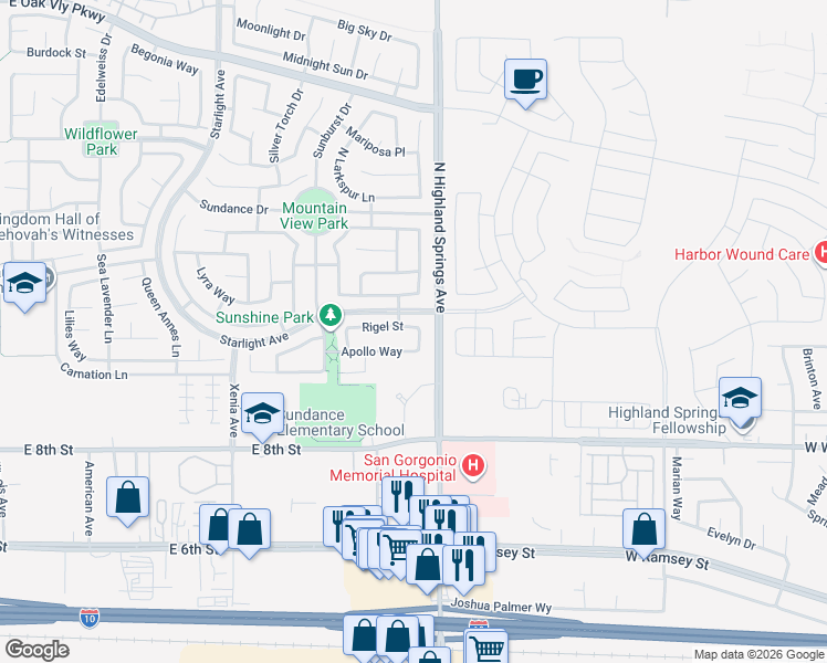 map of restaurants, bars, coffee shops, grocery stores, and more near 977 Pavo Drive in Beaumont