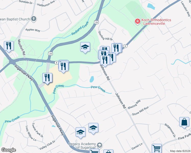 map of restaurants, bars, coffee shops, grocery stores, and more near 1311 Stella Court in Lawrenceville