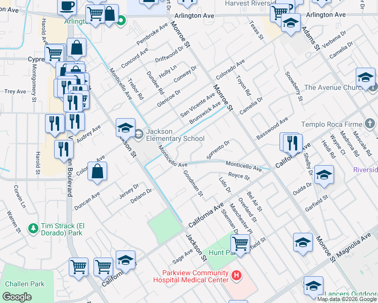 map of restaurants, bars, coffee shops, grocery stores, and more near 8967 Patrero Street in Riverside