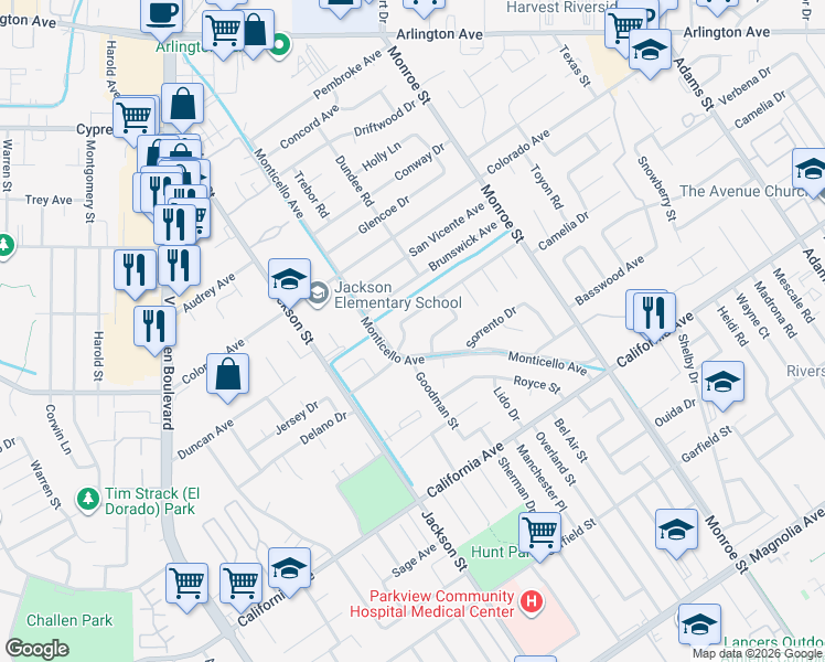 map of restaurants, bars, coffee shops, grocery stores, and more near 8967 Patrero Street in Riverside