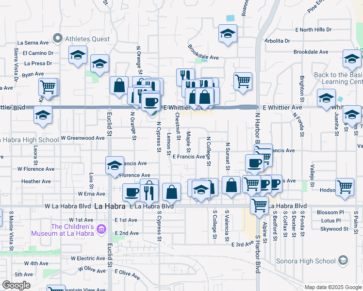 map of restaurants, bars, coffee shops, grocery stores, and more near 520 Lemon Street in La Habra