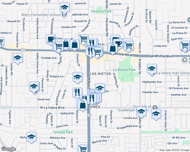 map of restaurants, bars, coffee shops, grocery stores, and more near 521 La Cadena Way in La Habra
