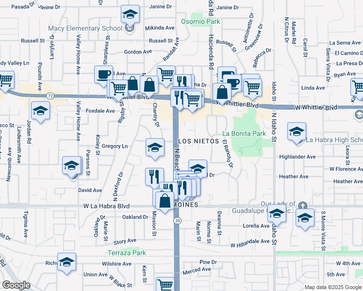 map of restaurants, bars, coffee shops, grocery stores, and more near 521 La Cadena Way in La Habra