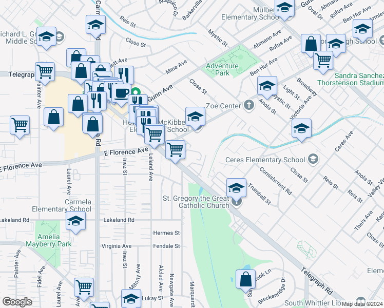 map of restaurants, bars, coffee shops, grocery stores, and more near 13679 Telegraph Road in Whittier