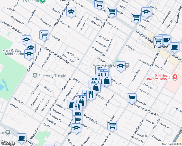 map of restaurants, bars, coffee shops, grocery stores, and more near 7871 Stewart and Gray Road in Downey
