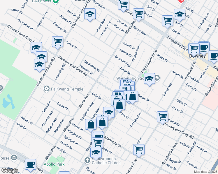 map of restaurants, bars, coffee shops, grocery stores, and more near 7871 Stewart and Gray Road in Downey