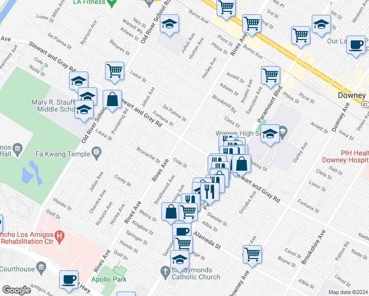 map of restaurants, bars, coffee shops, grocery stores, and more near 7830 Stewart and Gray Road in Downey