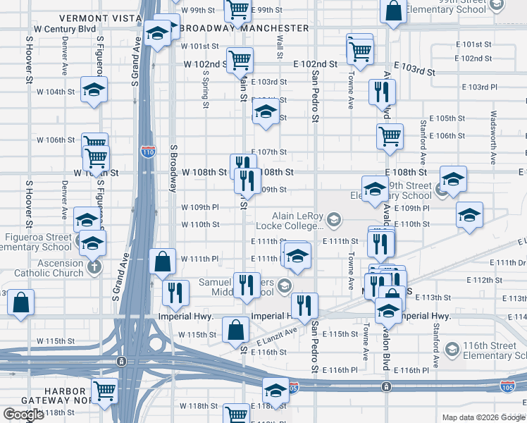 map of restaurants, bars, coffee shops, grocery stores, and more near 153 East 110th Street in Los Angeles