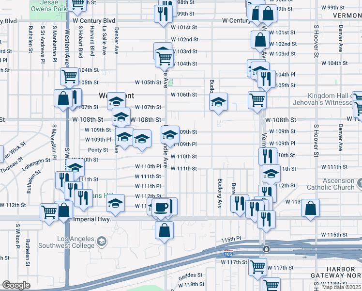 map of restaurants, bars, coffee shops, grocery stores, and more near 1320 West 109th Place in Los Angeles