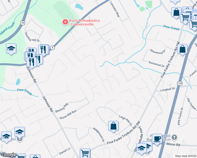 map of restaurants, bars, coffee shops, grocery stores, and more near 441 Thornbush Trce in Lawrenceville