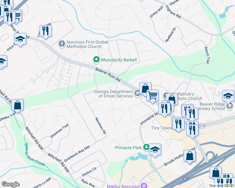 map of restaurants, bars, coffee shops, grocery stores, and more near 1111 Amber Drive in Norcross