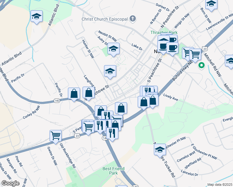 map of restaurants, bars, coffee shops, grocery stores, and more near 2577 Morehead Street in Norcross