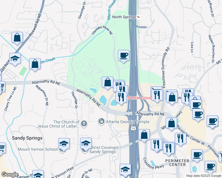 map of restaurants, bars, coffee shops, grocery stores, and more near Unnamed Road in Sandy Springs