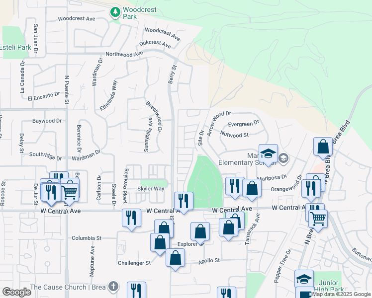 map of restaurants, bars, coffee shops, grocery stores, and more near 1051 Site Drive in Brea