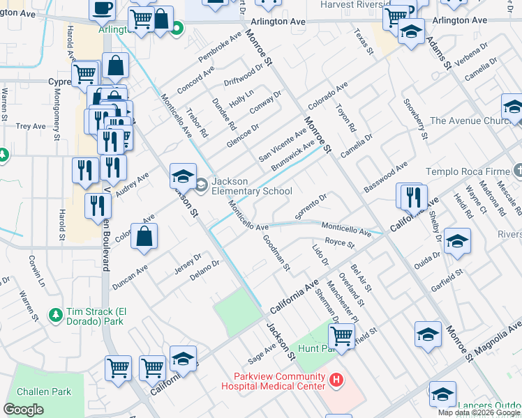 map of restaurants, bars, coffee shops, grocery stores, and more near 8967 Patrero Street in Riverside