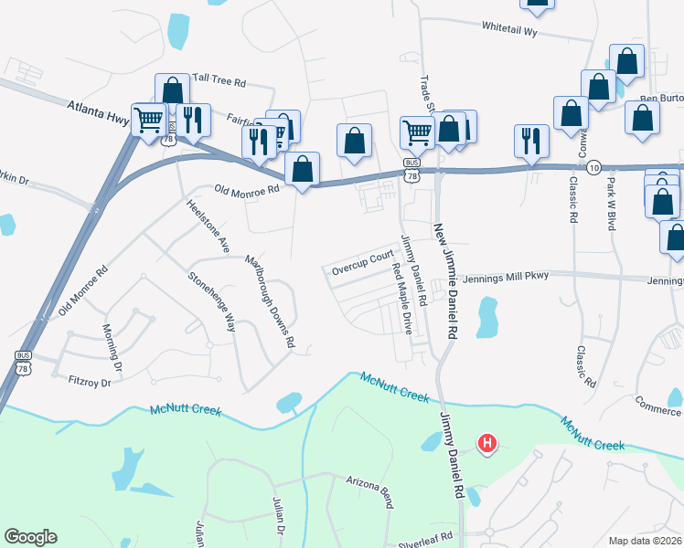 map of restaurants, bars, coffee shops, grocery stores, and more near 616 Creek Pointe Drive in Bogart