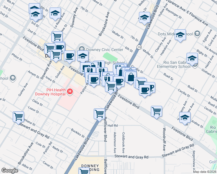 map of restaurants, bars, coffee shops, grocery stores, and more near 8733 Firestone Boulevard in Downey