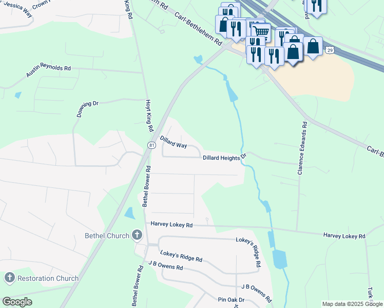 map of restaurants, bars, coffee shops, grocery stores, and more near 1457 Dillard Heights Drive in Bethlehem