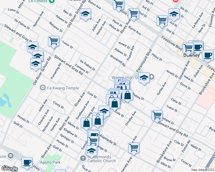 map of restaurants, bars, coffee shops, grocery stores, and more near 7871 Stewart and Gray Road in Downey