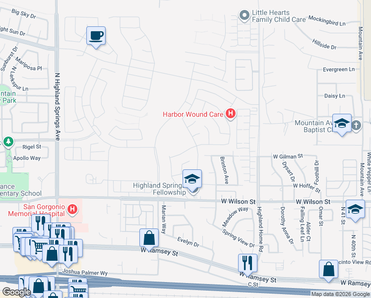 map of restaurants, bars, coffee shops, grocery stores, and more near 5233 West Gilman Street in Banning