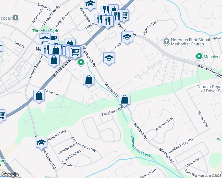 map of restaurants, bars, coffee shops, grocery stores, and more near 675 Mitchell Road Northwest in Norcross