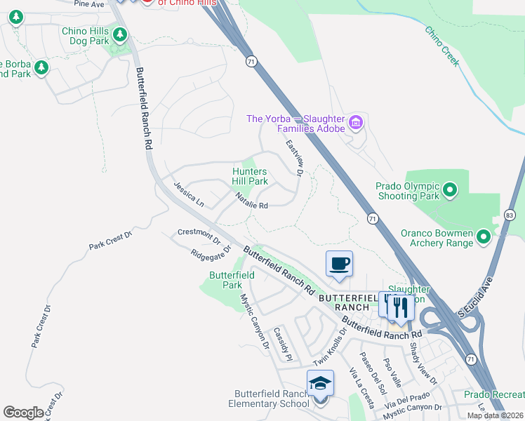map of restaurants, bars, coffee shops, grocery stores, and more near 6133 Natalie Road in Chino Hills