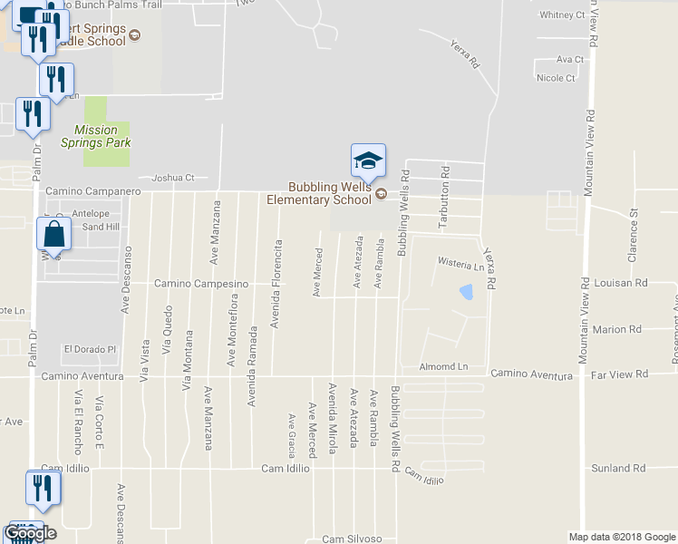 map of restaurants, bars, coffee shops, grocery stores, and more near 15442 Avenida Mirola in Desert Hot Springs