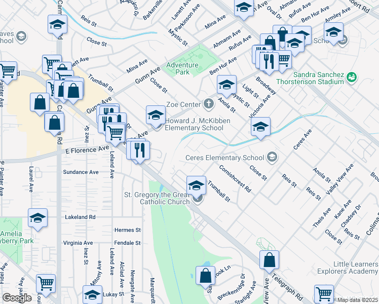 map of restaurants, bars, coffee shops, grocery stores, and more near 10558 Cantrell Avenue in Whittier