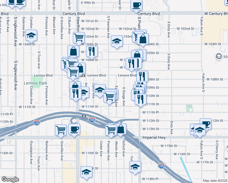 map of restaurants, bars, coffee shops, grocery stores, and more near 10927 Eastwood Avenue in Lennox