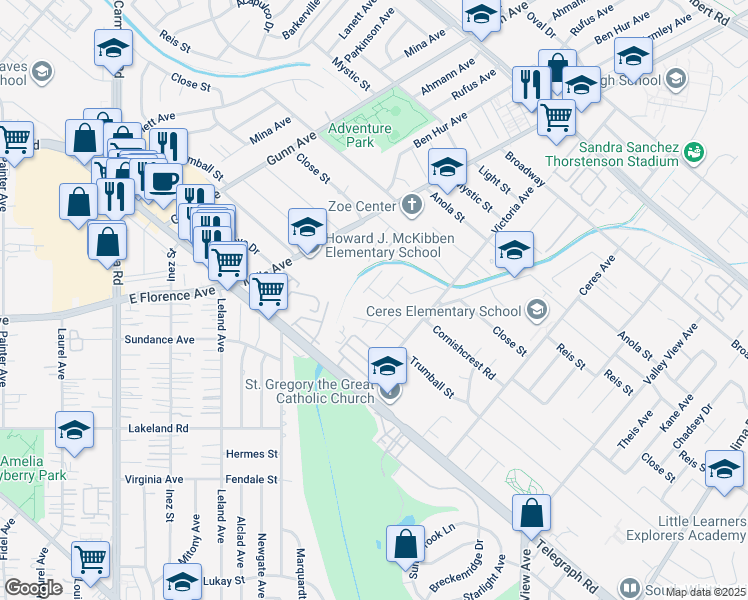 map of restaurants, bars, coffee shops, grocery stores, and more near 10558 Cantrell Avenue in Whittier
