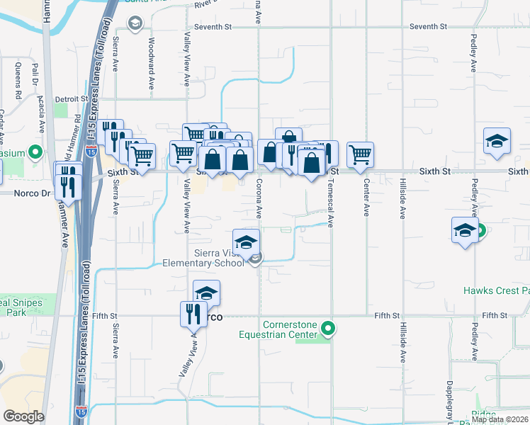 map of restaurants, bars, coffee shops, grocery stores, and more near 3757 Corona Avenue in Norco