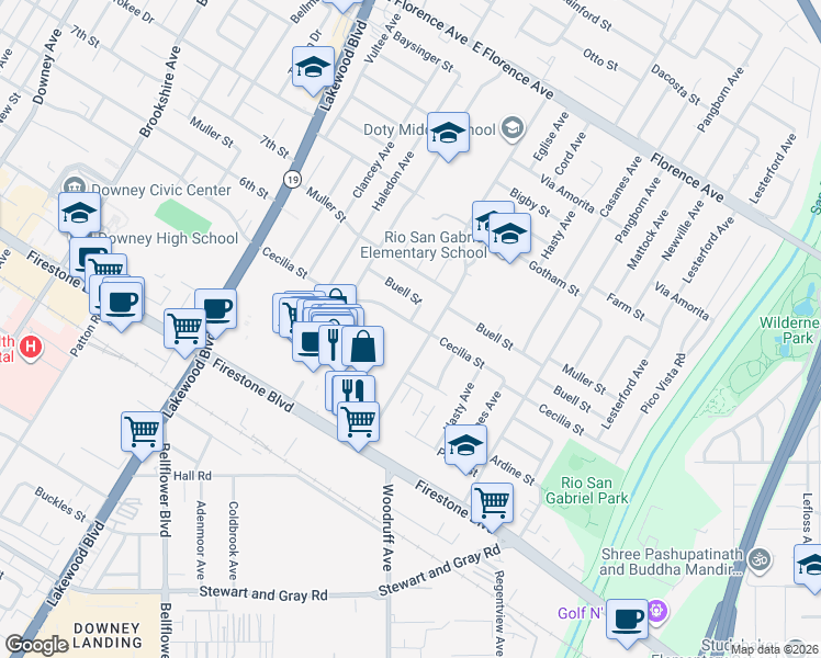 map of restaurants, bars, coffee shops, grocery stores, and more near 9242 Cecilia Street in Downey