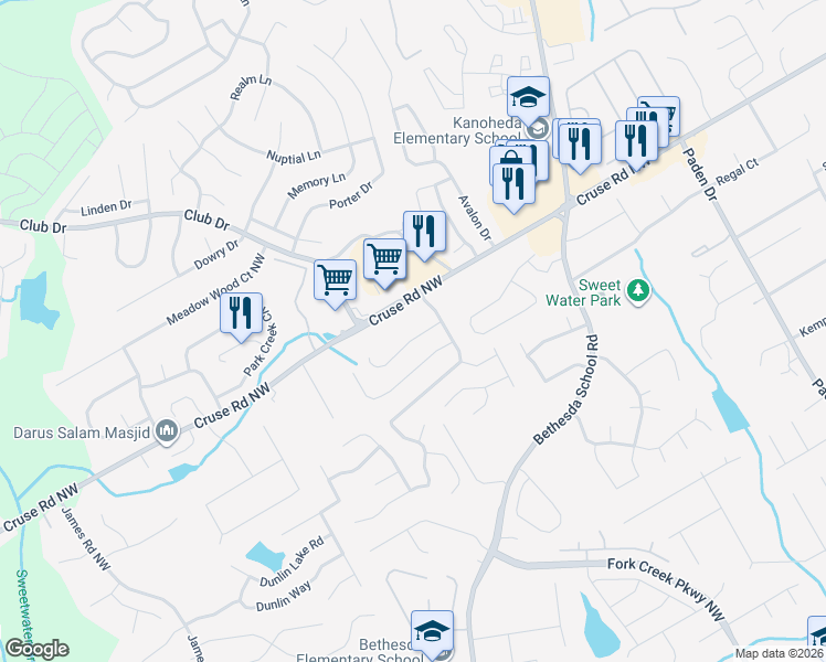 map of restaurants, bars, coffee shops, grocery stores, and more near 2864 Arendel Drive in Lawrenceville