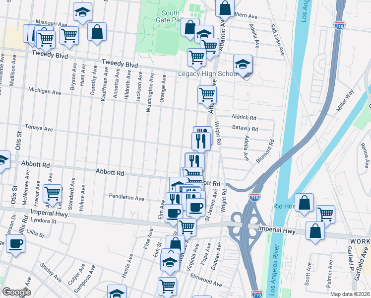 map of restaurants, bars, coffee shops, grocery stores, and more near 10415 Pinehurst Avenue in South Gate
