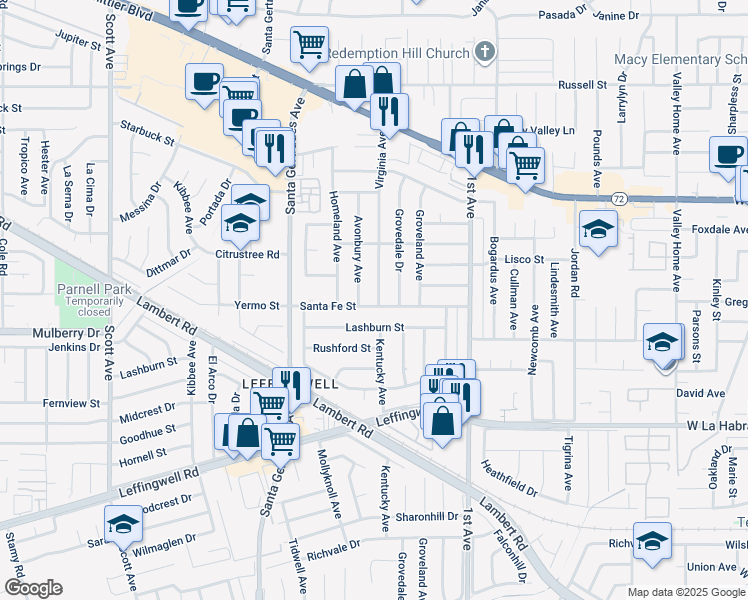 map of restaurants, bars, coffee shops, grocery stores, and more near 10771 Virginia Avenue in Whittier