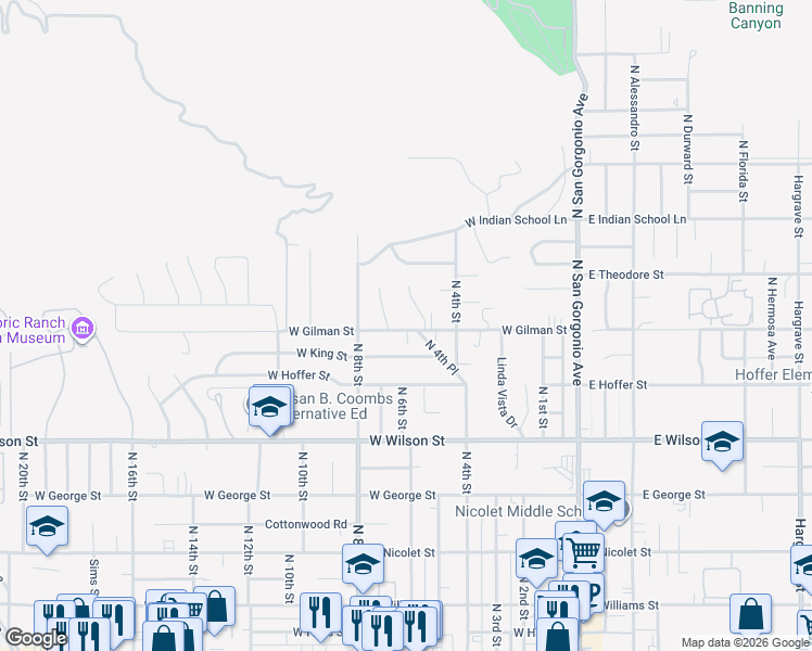 map of restaurants, bars, coffee shops, grocery stores, and more near 619 West Gilman Street in Banning