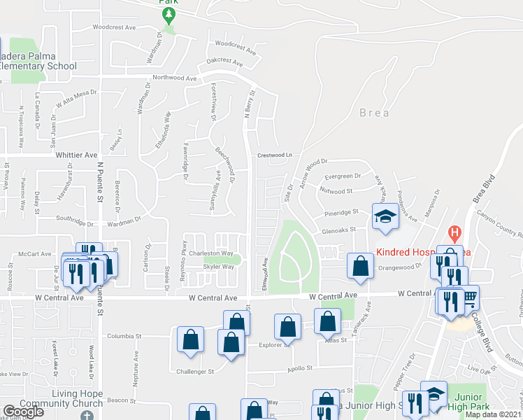 map of restaurants, bars, coffee shops, grocery stores, and more near 169 Pepperwood Lane in Brea