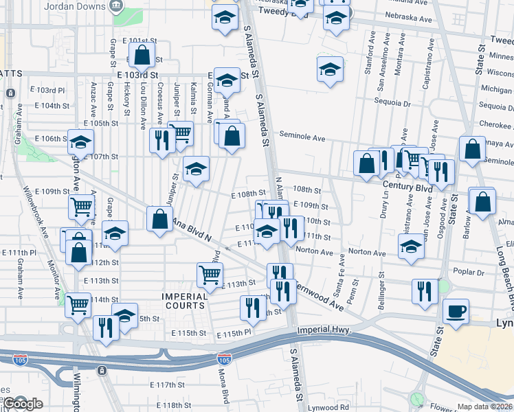 map of restaurants, bars, coffee shops, grocery stores, and more near 2509 East 109th Street in Los Angeles