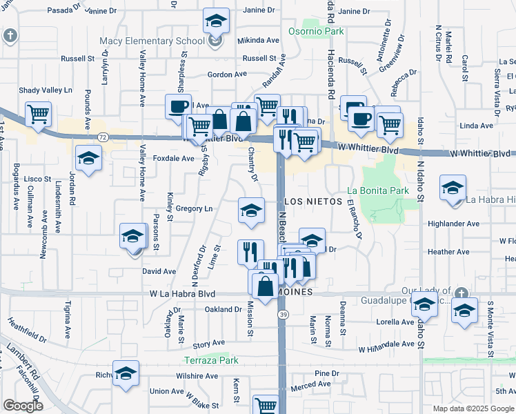 map of restaurants, bars, coffee shops, grocery stores, and more near 2100 Gregory Lane in La Habra