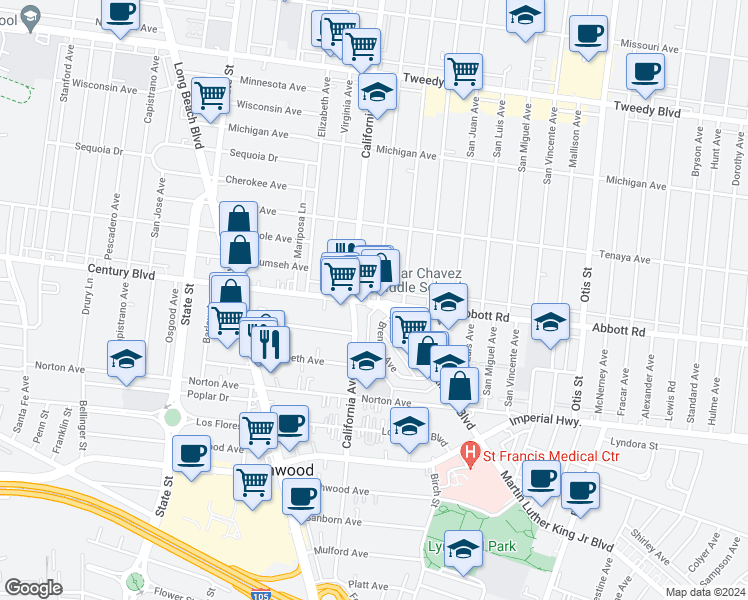 map of restaurants, bars, coffee shops, grocery stores, and more near 3535 Martin Luther King Junior Boulevard in Lynwood