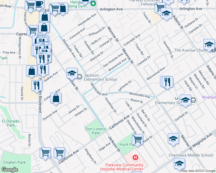 map of restaurants, bars, coffee shops, grocery stores, and more near 8935 Patrero Street in Riverside